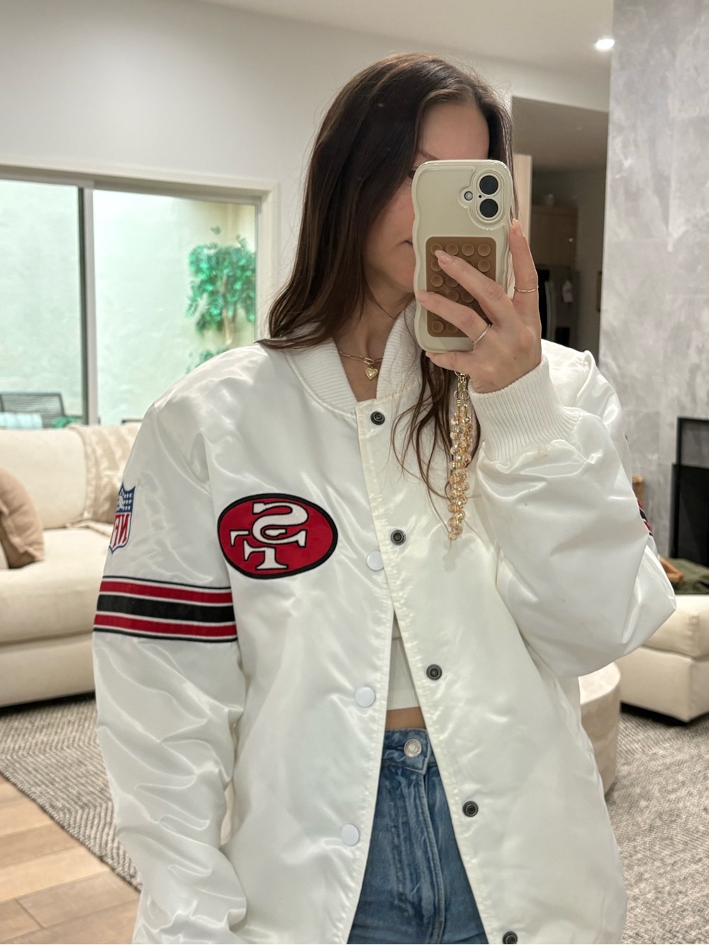 STARTER White Satin 49ERS Puffers Jacket with Red & Gold Appliqué